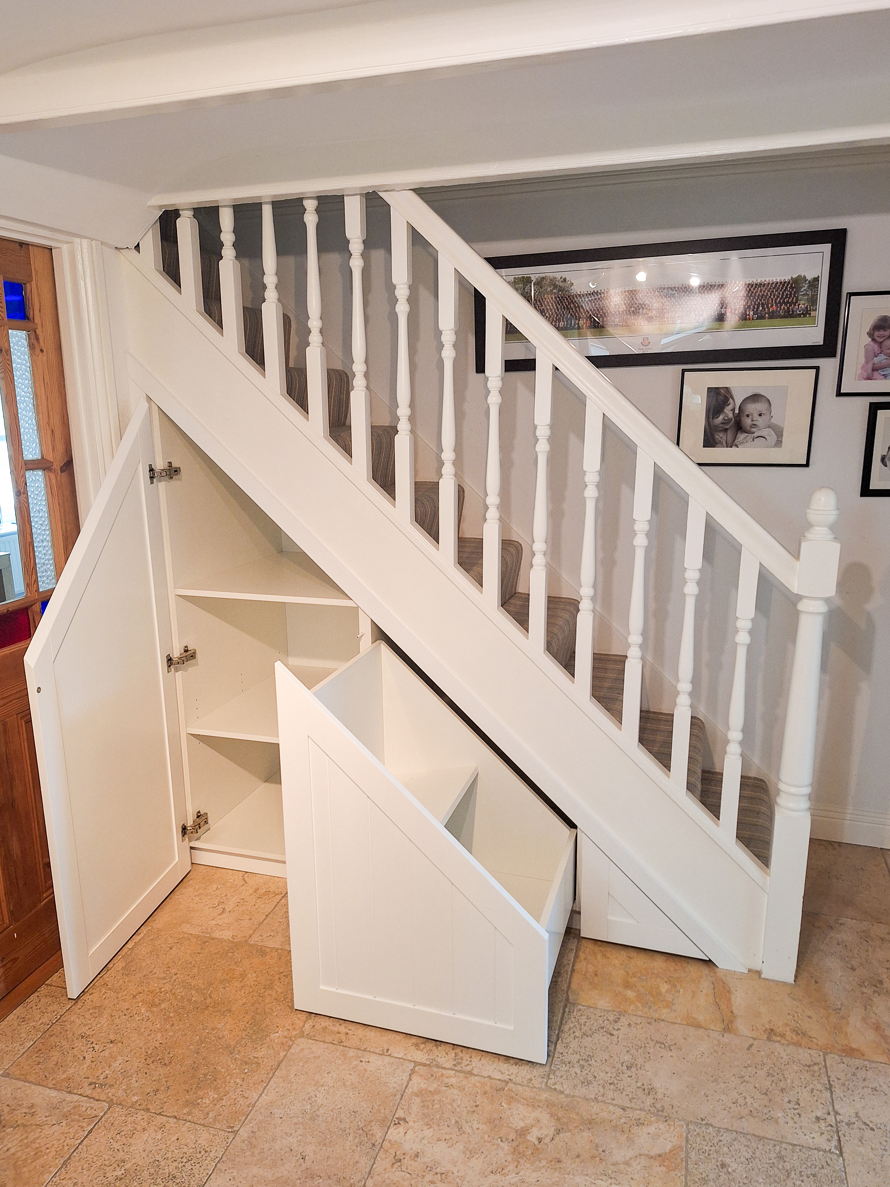 Understair storage under stair pull out drawer shaker door