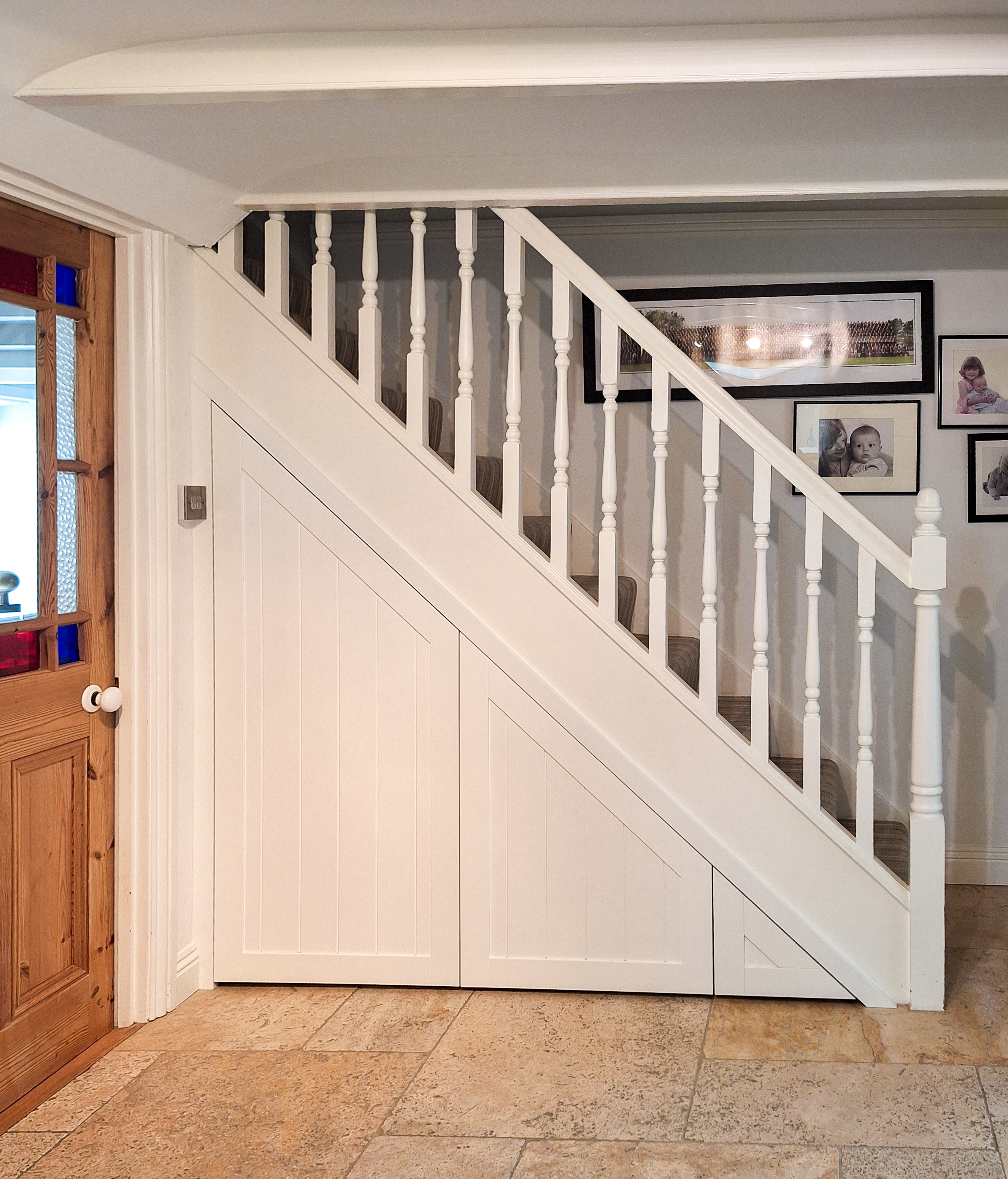 Understair storage under stair pull out drawer shaker door