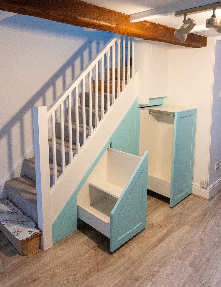 Understair storage under stair pull out drawer shaker door